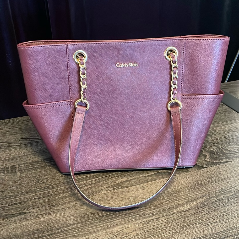 Calvin Klein Saffiano Plum Shoulder Bag with Gold Hardware